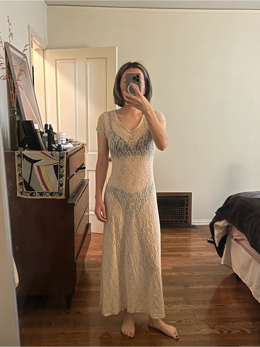 Karen Kane Cream Lace Maxi Dress with V-Neck